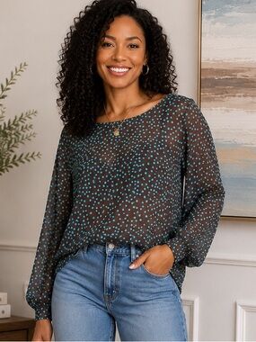 Ann Taylor LOFT Black & Turquoise Polka Dot Sheer Blouse XL Long Sleeve